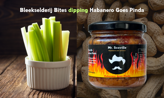 Bleekselderij snack met Habanero Goes Pinda dip pittige dip