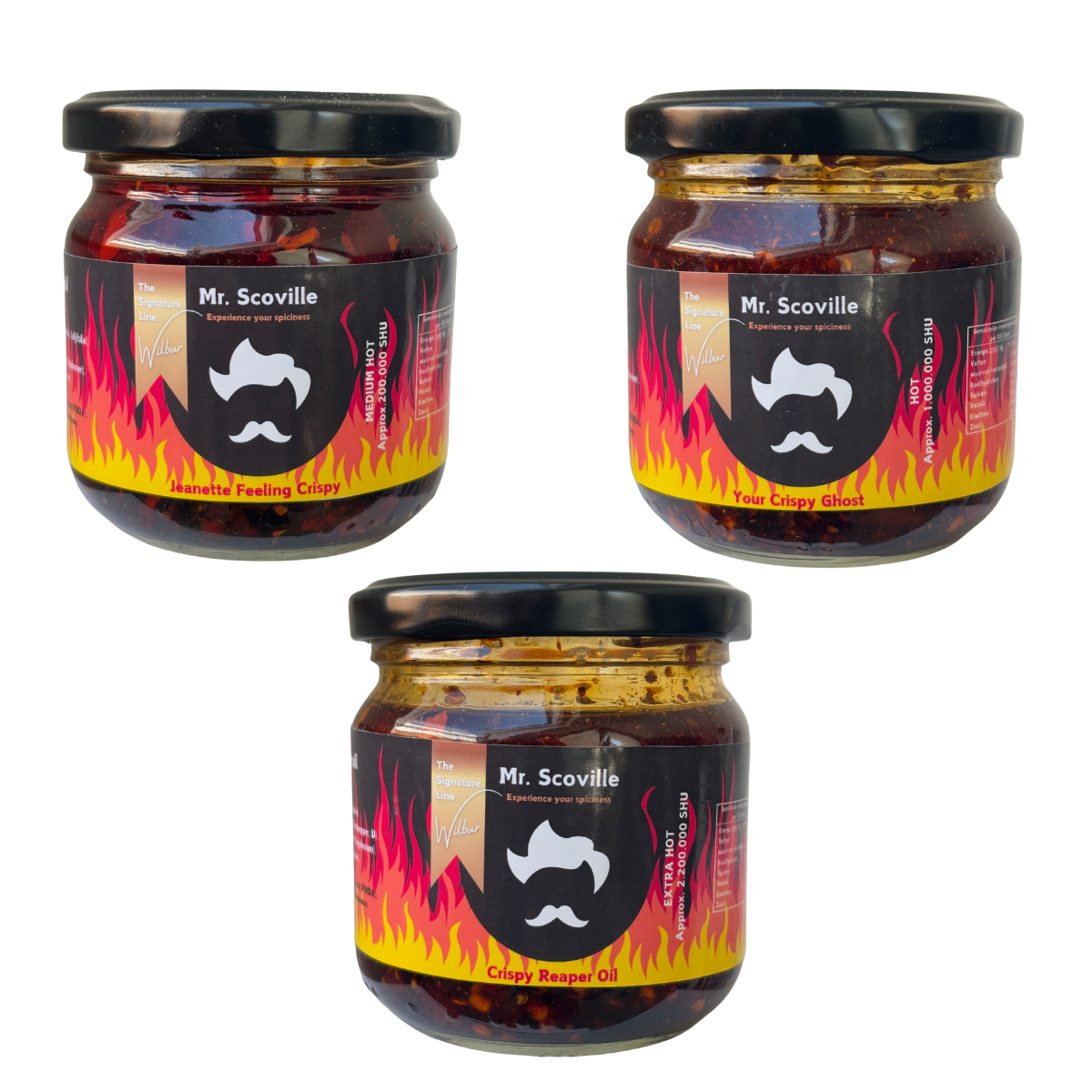 Crispy oil Carolina Reaper, Ghost Peper en Madame Jeanette