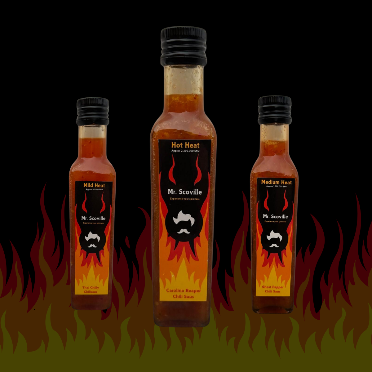 Triple Chilly Pack van Mr. Scoville met drie vurige chili sauzen: Carolina Reaper, Ghost Pepper, en Thai Chilly, perfect voor liefhebbers van pittig eten